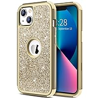 Hython Case for iPhone 13 Case Glitter, Cute Sparkly Shiny Bling Sparkle Cover, Heavy Duty 3 in 1 Hybrid Hard PC Soft TPU Bumper Full Body Shockproof Protective Phone Cases for Women Girls, Gold