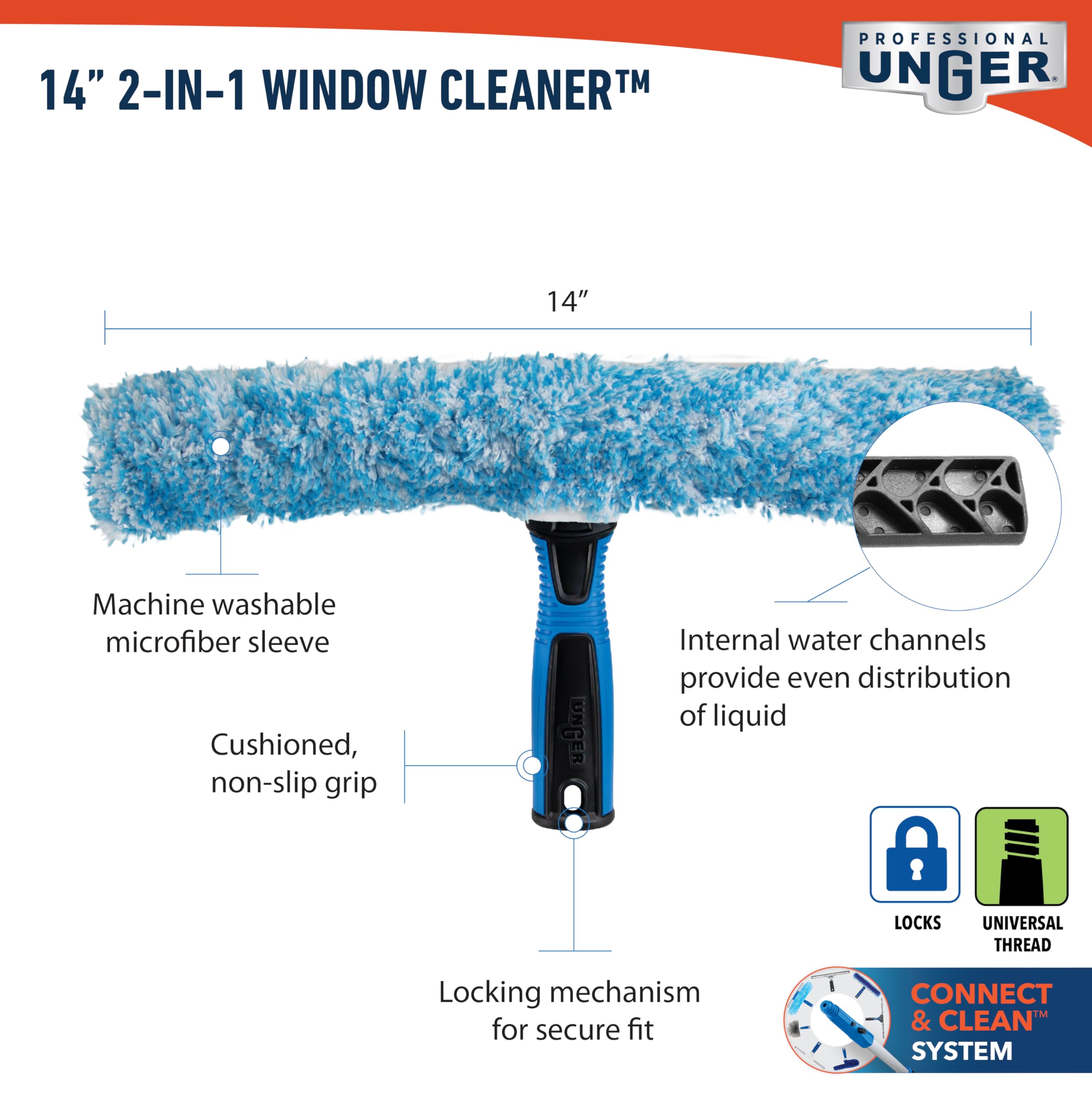 Unger Professional 2-in-1 Squeegee & Scrubber - 14” Window Cleaning Tool – Cleaning Supplies, Squeegee for Window Cleaning, Commercial & Residential Use, Reusable Microfiber Sleeve