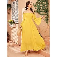 2022 Women's Dresses Off Shoulder Shirred Bell Sleeve Dress Women's Dresses (Color : Yellow, Size : X-Large)