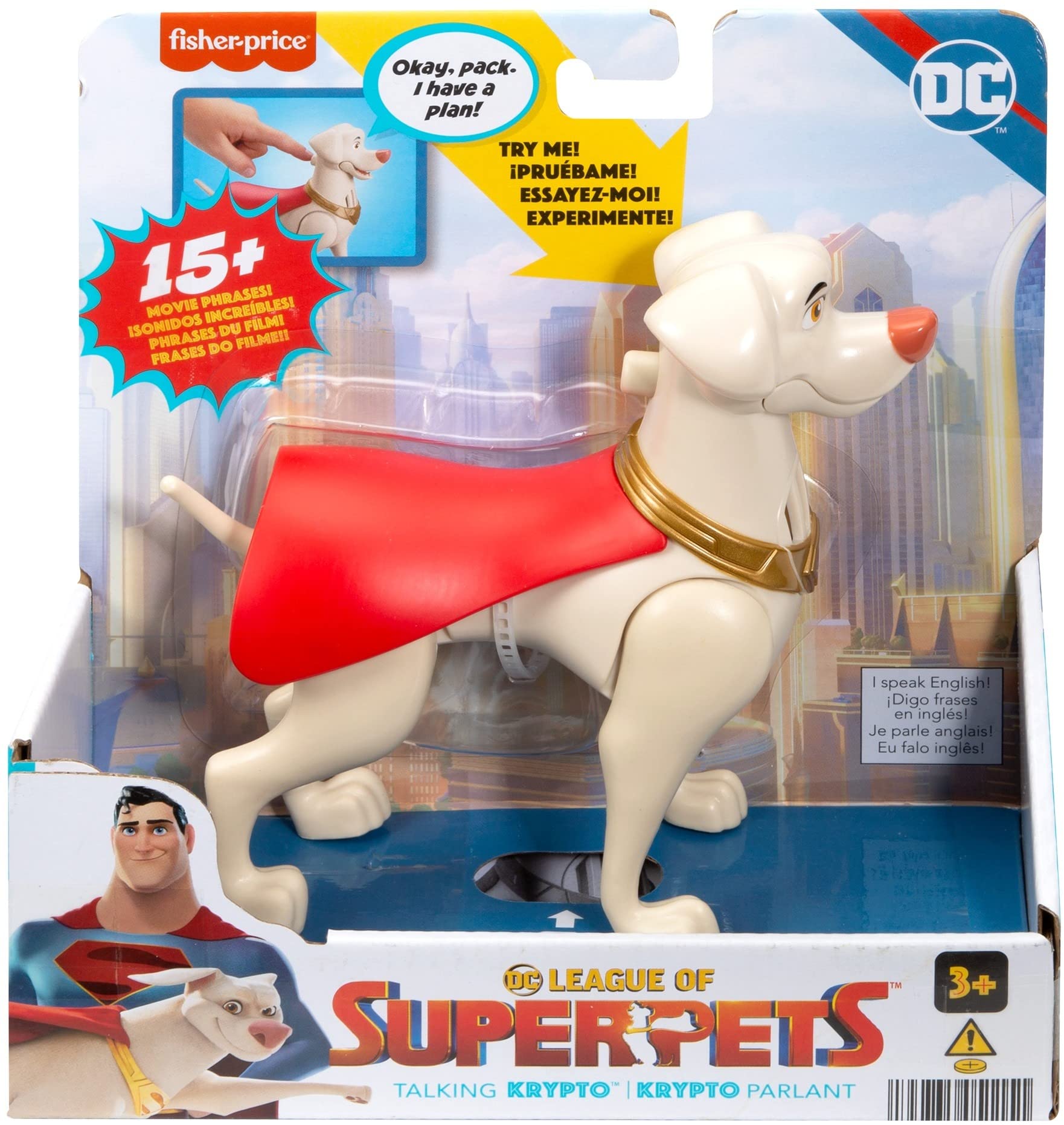 Fisher-Price DC League of Super-Pets Toy Talking Krypto Poseable Figure with Sounds and Phrases for Preschool Kids Ages 3+ Years