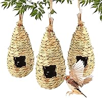 SunGrow Grass Finch Nest, Canary, Chikadee Houses for Outdoor Hanging, Handwoven Wren Hut for Window, Tree Décor, and Garden Gift, Fake Hornet Nest to Chase Honeybees from Hummingbird Feeder