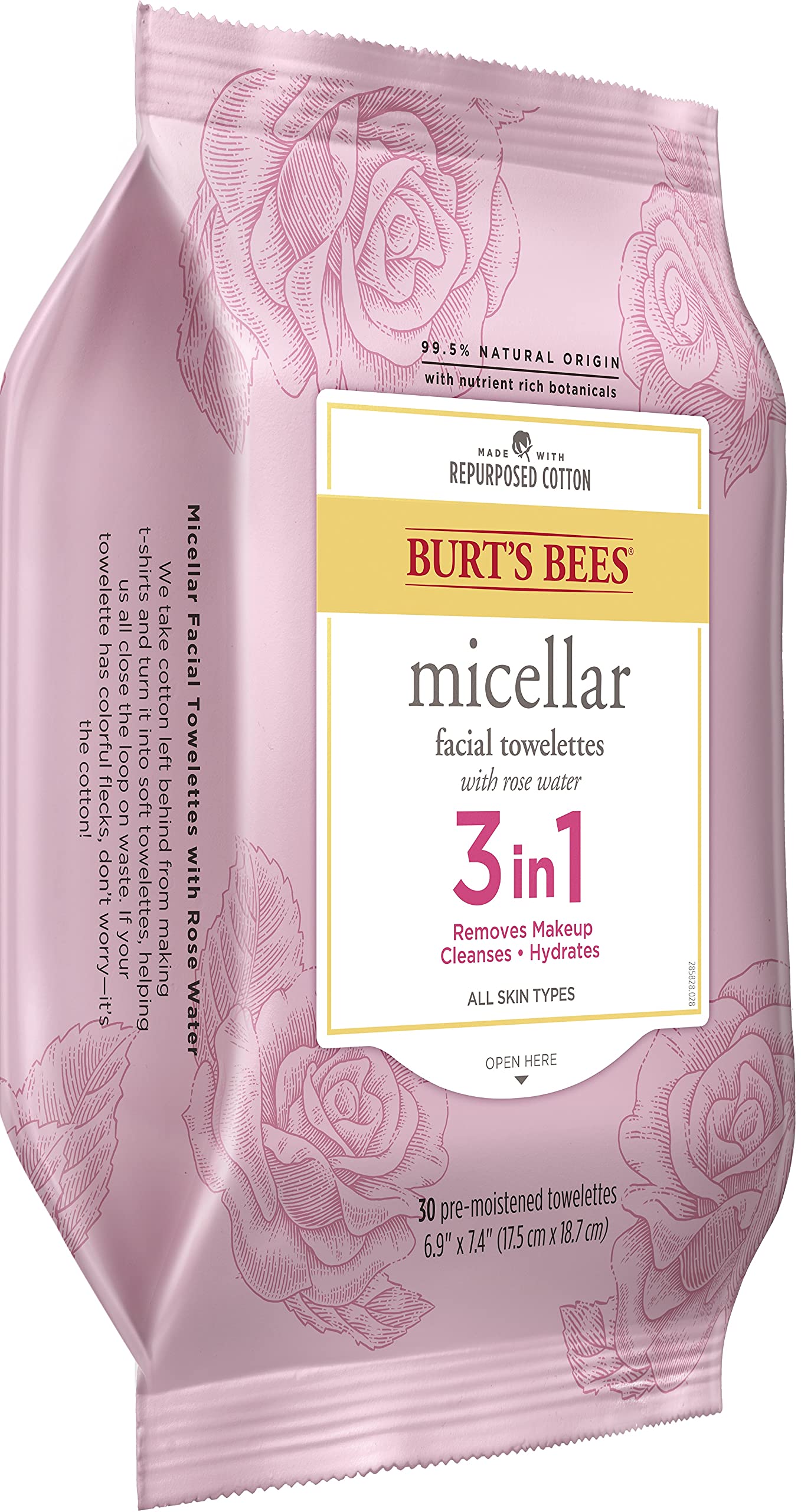 Burt's Bees Face Wipes, Makeup Remover Facial Cleansing Towelettes for All Skin Types, 3 in 1 Hydrating Micellar Cleanser with Rose Water, 30 Count (Pack Of 3)