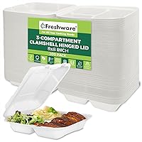 Freshware Clamshell Containers, 8 x 8 Inch, 3-Compartment, 200-Pack, Natural