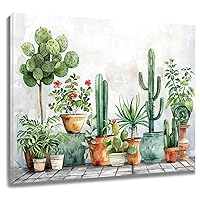 WEENEO Rustic Plant Wall Art Watercolor Green Cactus and Succulent Potting Canvas Prints Wooden Framed Farmhouse Botanical Artwork for Bathroom Living Room Bedroom Wall Decor,24x16 Inch
