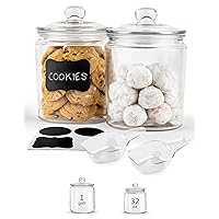 KooK Glass Storage Containers with Lids, 1/2 Gallon, Set of 2, Glass Kitchen Jars, Food & Cookie Storage Containers for Pantry, Bathroom Apothecary Canisters, Dishwasher Safe, Chalk, Label, Scoops