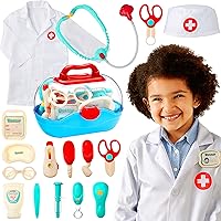 Pretend Play Doctor Kit, Boys & Girls Doctor's Outfit, Toy Medical Set w/ 18 Accessories, Coat, Hat, Carrying Case, 2 LED Toys