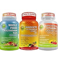 Powerful Immune Support Bundle: Quercetin with Bromelain, Liposomal Vitamin C Liquid Gel for Antioxidant & Immune System Booster & Whole Food Multivitamin Plus for Men & Women