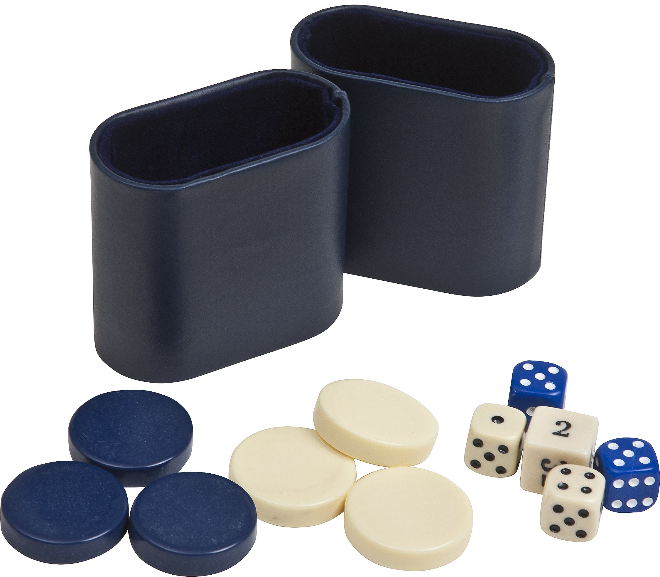Backgammon Checkers, Dice & Two Dice Cups-Blue/Ivory 1 1/4
