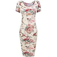 Hotouch Women Print Patter Casual Slimming Fitted Stretch Bodycon Dress Beige L