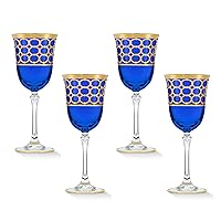 Lorren Home Trends Cobalt Blue White Wine Goblet with Gold Rings, Set of 4