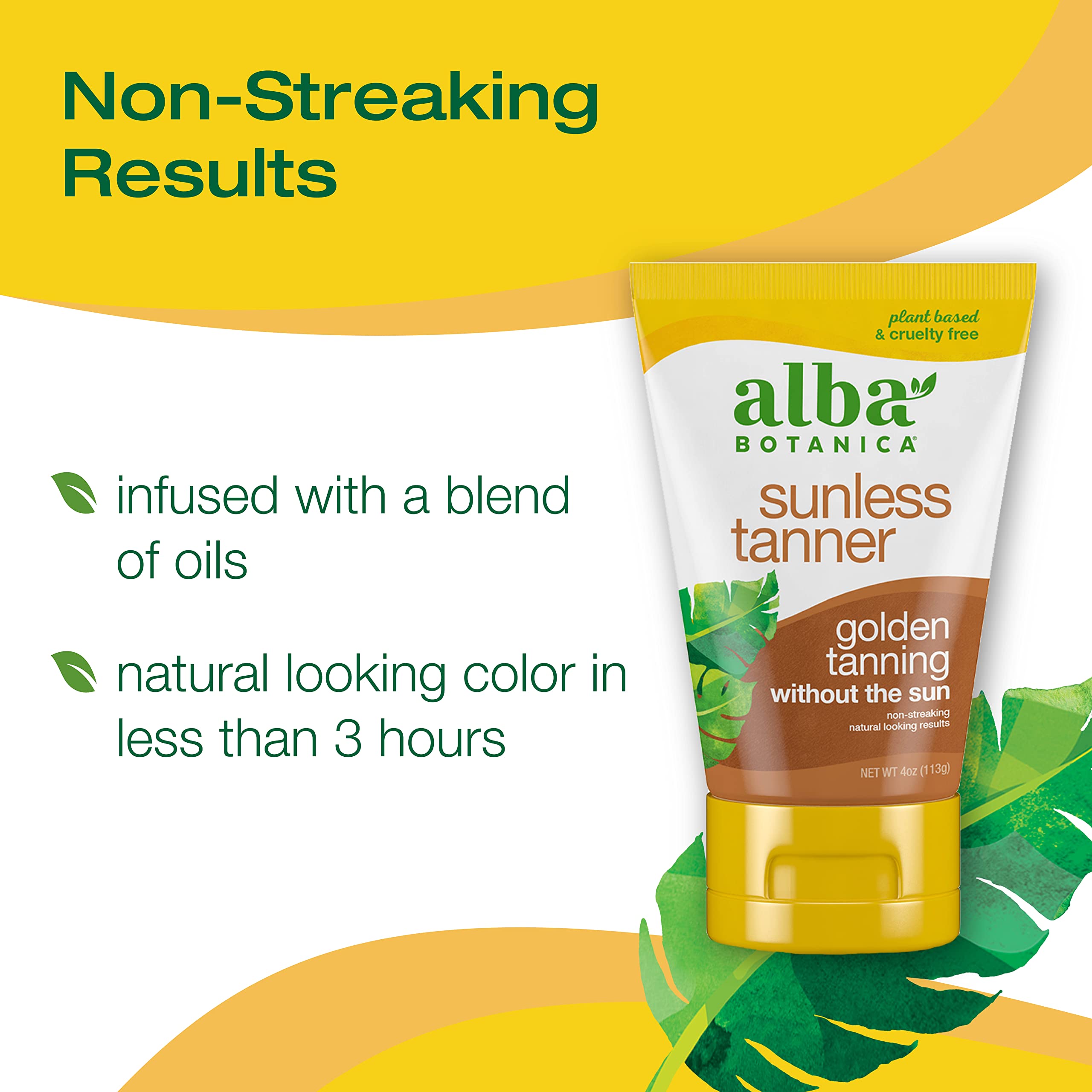 Alba Botanica Sunless Tanner, Self-Tanning Lotion for Face and Body, Golden Tanning without the Sun, Non-Streaking and Natural Looking Self-Tanner, 4 oz. Tube, (YELLOW,WHITE color)