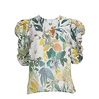 Ted Baker Women's Oasia Woven Crew Neck Short Ruched Puff Sleeve Blouse