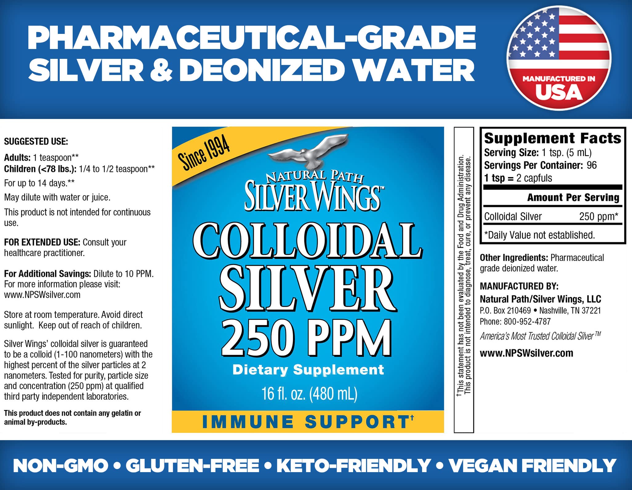 Natural Path Silver Wings Colloidal Silver 250ppm 16oz - Premium Glass Bottle - Amber Color Means Higher Concentration Than Clear Silver Liquids - Natural Mineral Supplement (1250mcg)