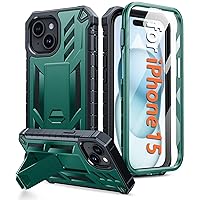 FNTCASE for iPhone 15 Phone Case: Military Grade Shockproof Full Protection Hard Phonecase with Kickstand - Dual Layer Matte Textured Drop Proof Rugged Protective Cover - 6.1 Inch Green