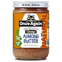 Once Again Natural Creamy Almond Butter, 16oz - Roasted - Salt Free, Unsweetened - Gluten Free Certified, Peanut Free, Vegan, Kosher, Paleo - Glass Jar