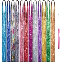 Hair Tinsel Kit with Tool 12 Colors 3000 Strands Hair Tinsel Kit Shiny Fairy Hair Tinsel Extensions Colord Party Highlights Glitter Hair Extensions Multi-Colors Hair Tinsel Kit (12 Colors, 45