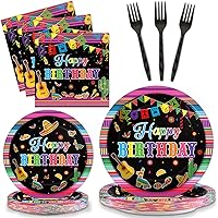 Tevxj 96PCS Mexican Fiesta Happy Birthday Tableware Set Mexico Dinnerware Disposable Dessert Plates Fiesta Party Plates Napkins Forks for Happy Birthday Party Decorations Supplies 24 guests