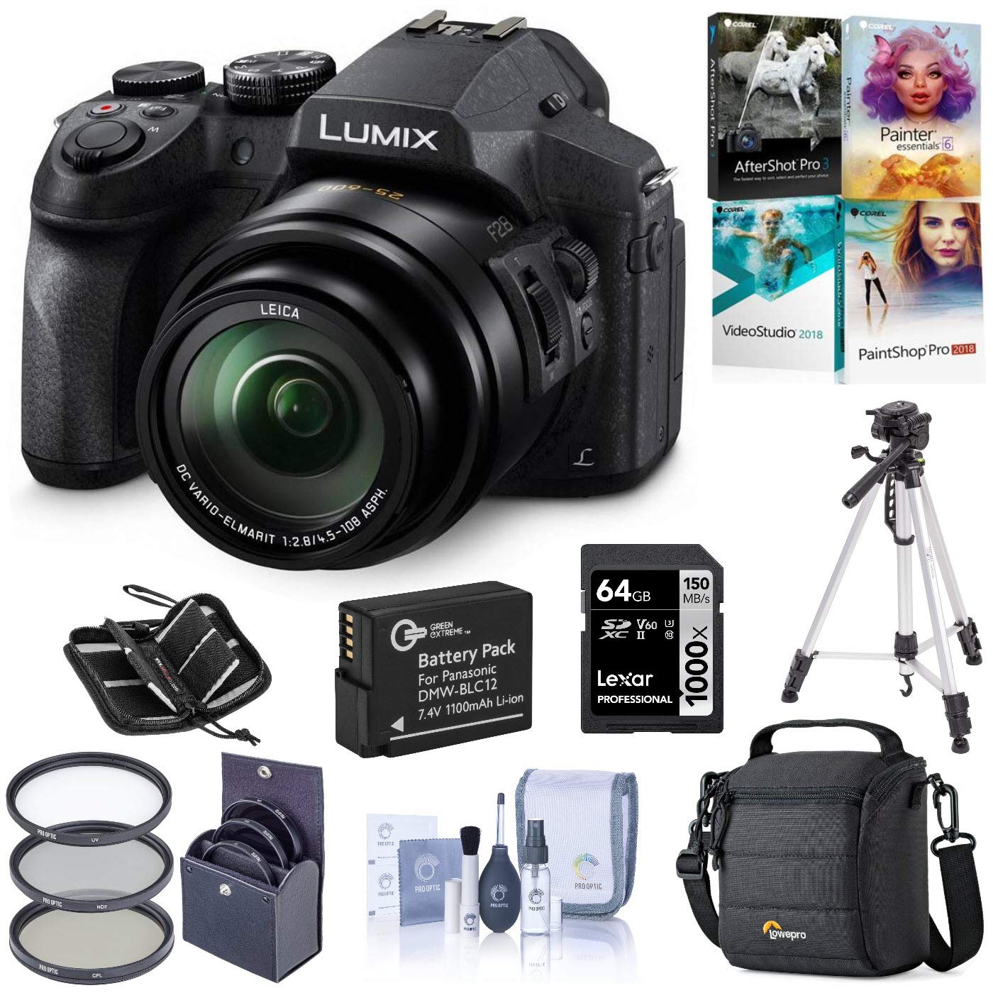 Panasonic Lumix DMC-FZ300 Digital Camera, 12.1 Megapixel, 1/2.3-inch Sensor, 4K Video, 24X Zoom Lens F2.8 Bundle with Bag, Filter, Battery, 64GB SD Card + Case, Tripod, PC Software, Cleaning Kit