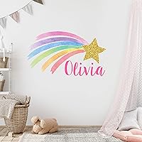 Custom Name Wall Decal - Shooting Star Rainbow Wall Decals - Personalized Name Wall Sticker - Pastel Rainbow Gold Glitter Star Wall Art - Wall Decal for Girls Bedroom Nursery Decor