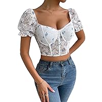 Milumia Women's Ditsy Floral Sweetheart Neck Frill Puff Short Sleeve Bustier Crop Tops