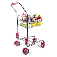 Precious Toys Shopping Cart with Food, Play Grocery Cart with 23 Pieces, Fits 18 inch Baby Dolls, Smooth Rolling Wheels, Folds for Easy Storage, Gift for Kids Ages 2+,Pink & Black