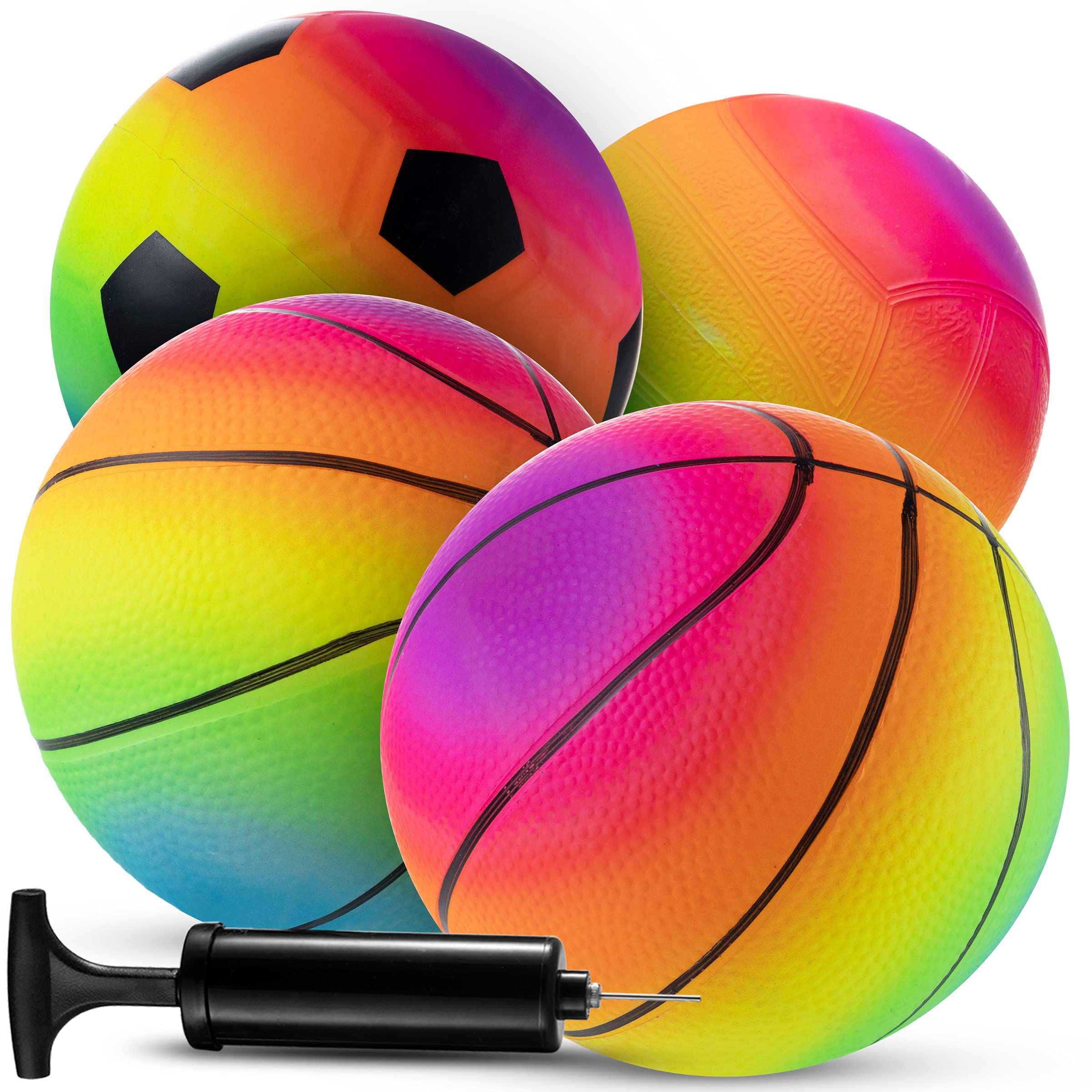 Mini Rainbow Sports Balls - 6 Inch (Pack of 4) Inflatable Vinyl Balls for Kids and Toddlers with Hand Air Pump, Neon Basketball, Soccer Ball, and Volleyball for Playground, Indoor and Outdoor Use