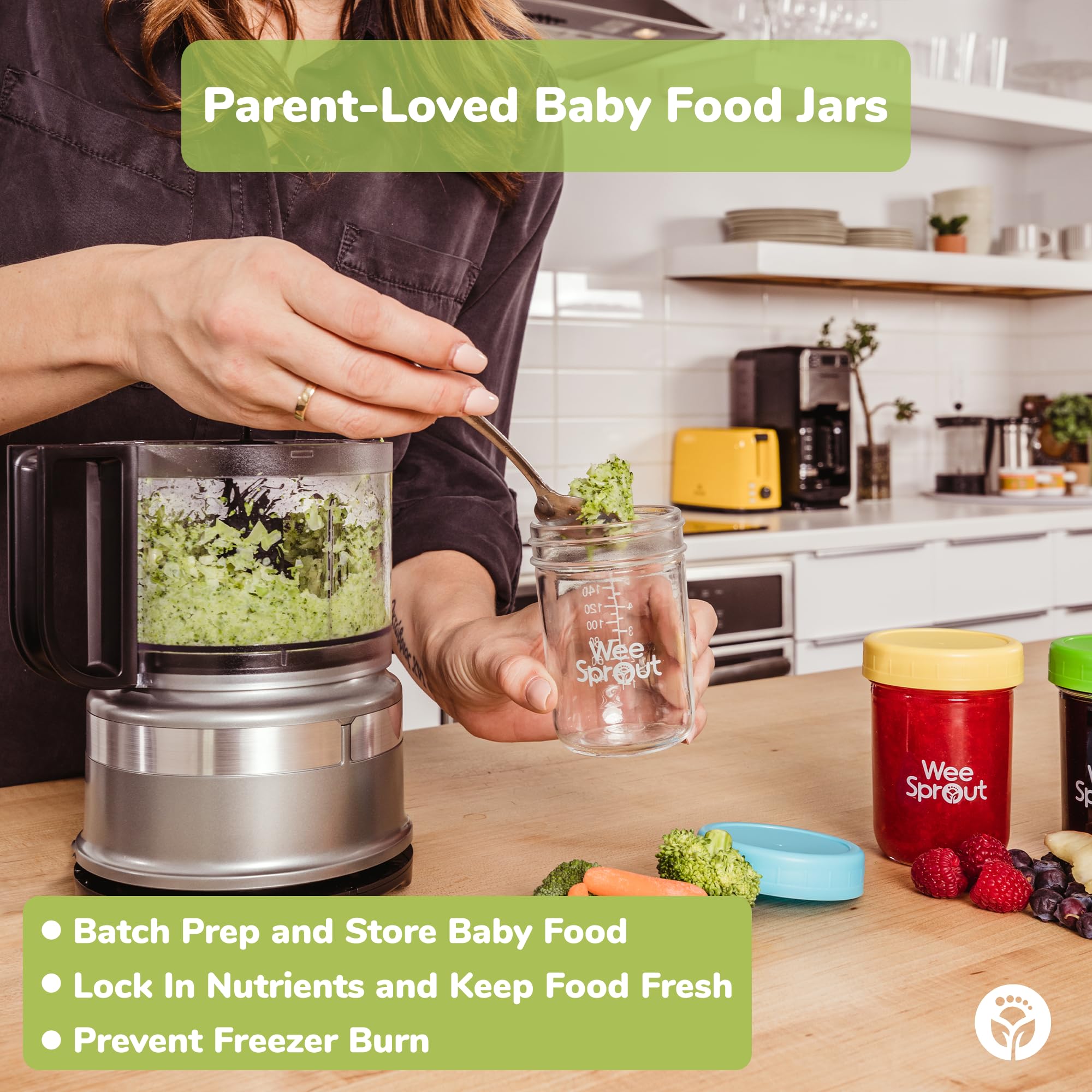 WeeSprout Glass Baby Food Storage Jars - 12 Set, 4 oz Baby Food Jars with Plastic Lids, Freezer Storage, Reusable Small Glass Baby Food Containers, Microwave & Dishwasher Safe, for Infant & Baby Food