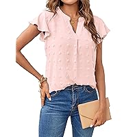 Women 2024 Summer V Neck Ruffle Short Sleeve Blouse Swiss Dot Flowy Shirt Tunic Top