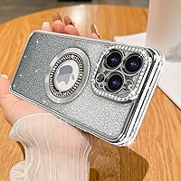 Losin Compatible with iPhone 15 Pro Max Magnetic Glitter Case Compatible with MagSafe Luxury Bling Rhinestone Case with Logo View Plating Sparkle Diamond Camera Lens Protection for Women Girls, Silver
