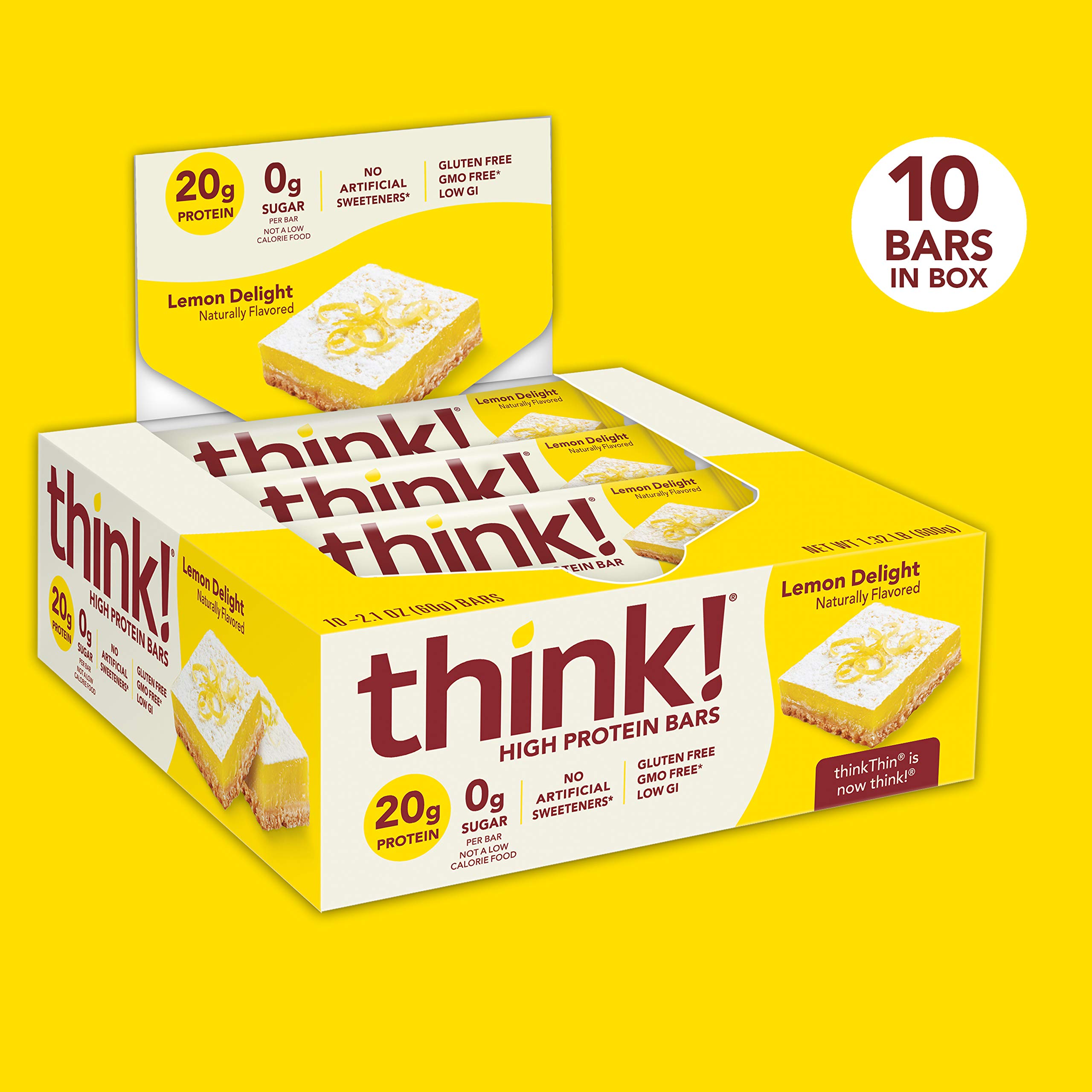 think! Protein Bars, High Protein Snacks, Gluten Free, Sugar Free Energy Bar with Whey Protein Isolate, Lemon Delight, Nutrition Bars Without Artificial Sweeteners, 2.1 Oz (10 Count)