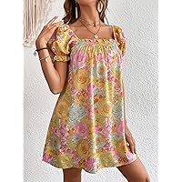 Women's Dress Floral Print Puff Sleeve Square Neck Dress (Color : Multicolor, Size : Medium)