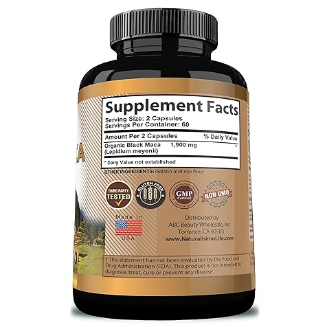 Organic Black Maca 1,900 mg per serving Natural Energy Booster Peruvian Maca for men & women 120 capsules