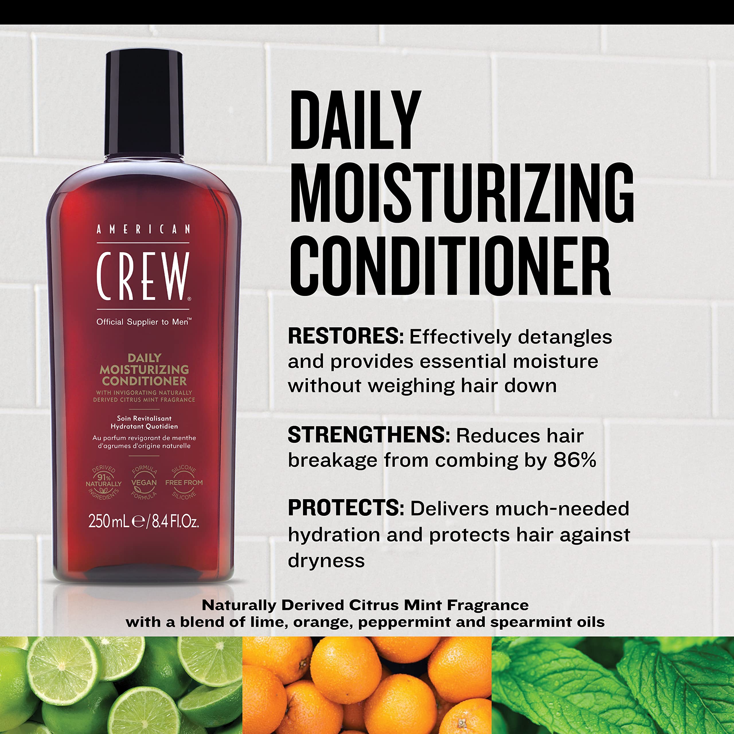 Conditioner for Men by American Crew, Daily Moisturizer, Naturally Derived, Vegan Formula, Citrus Mint Fragrance, 33.8 Fl Oz