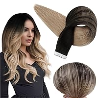 Full Shine Ombre Tape in Hair Extensions 12 Inch Real Human Hair Tape in Extensions Color 1B/18 Black Fading to Ash Blonde Balayage Hair Extensions Tape in 20Pcs 30Gram Seamless Skin Weft Hair