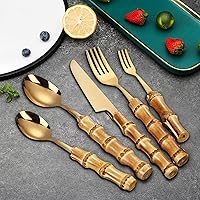 Bamboo Cutlery Sets for 8,18/8 Stainless Steel 40 Piece,Household Kitchen Bamboo Utensil Golden Flatware Sets for 8,Bamboo Handle Cutlery Sets,Knife Fork Spoon Set,Recommend Hand Washing,Gift(40pcs)