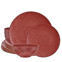 bzyoo 12 Piece Melamine Dinnerware Set - Durable, Dishwasher Safe Red Plates and Bowls - Dinning, Parties, Camping Dish Set La La Mandala Red Collection