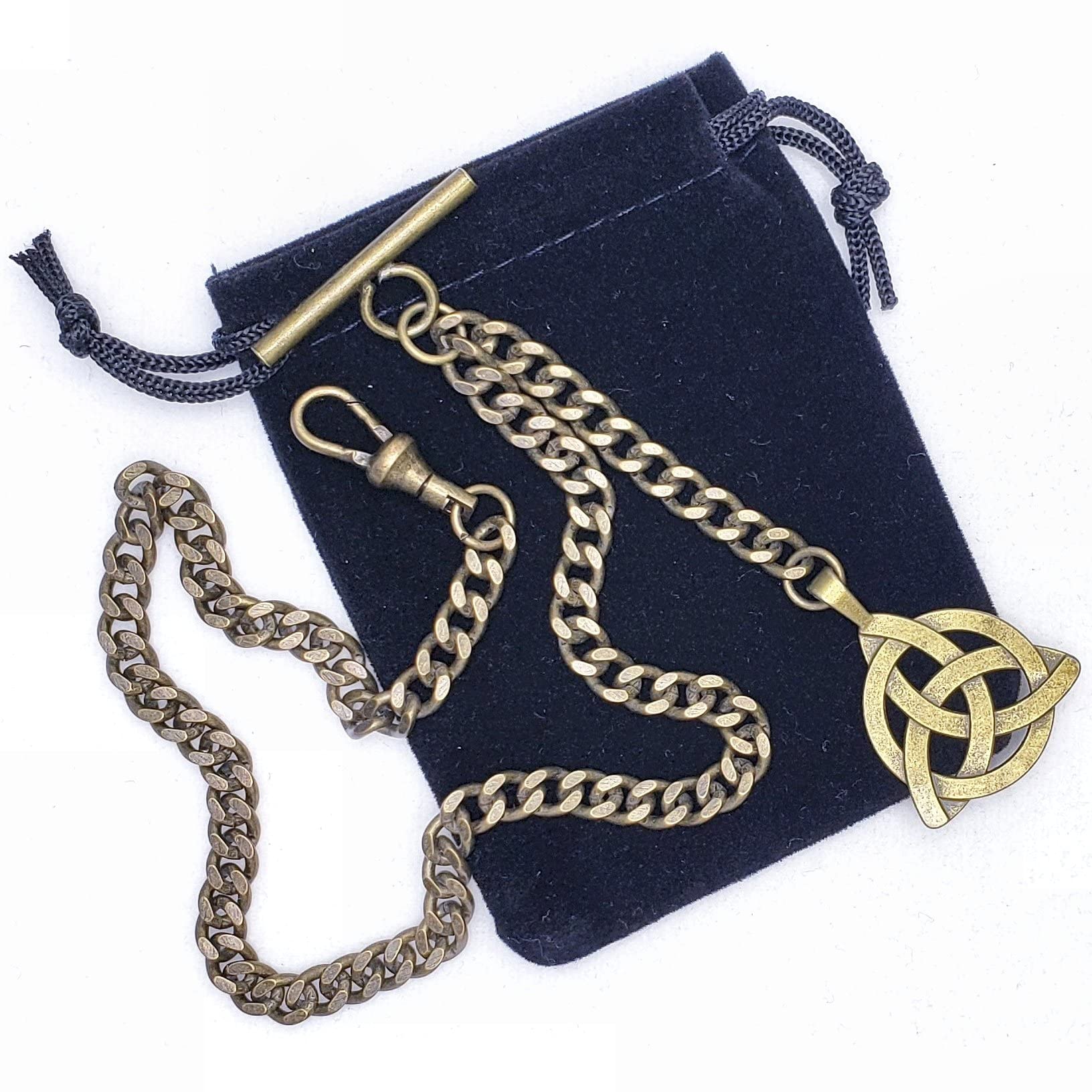Albert Chain Pocket Watch Chains for Men Antique Brass Plating with Celtic Knot Design Fob T Bar Swivel Clasp AC08