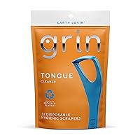 GRIN Tongue Cleaner, 32 Count, Disposable Tongue Cleaner, Hygienic Scraper, Recycled Plastic, Clean Tongue, Promote Fresh Breath, Includes Safe Fold- Back Tooth Pick