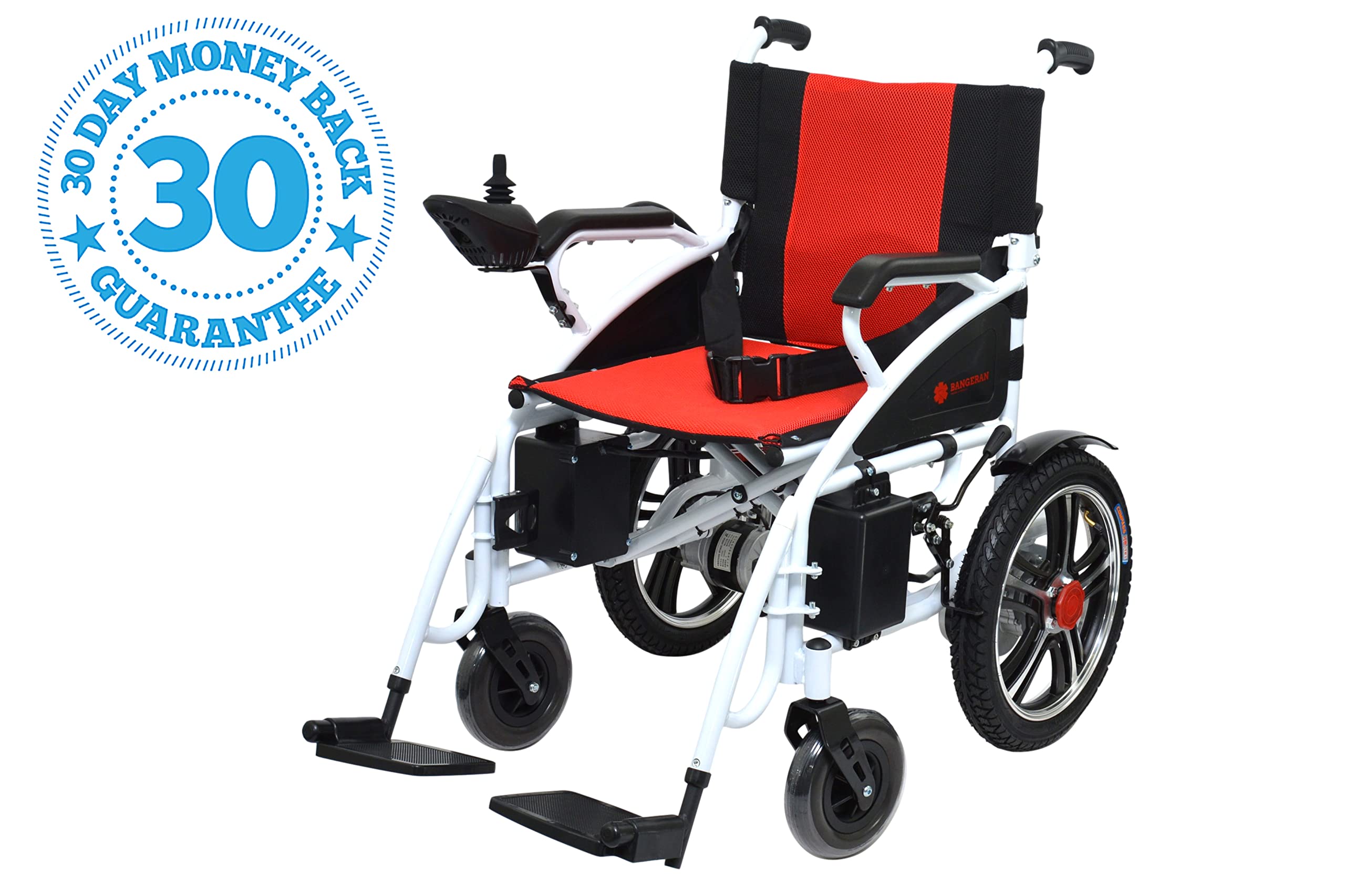 Mobilitas Z Foldable, Compact, Portable Electric Wheelchair for Adults and Seniors, Lightweight Power Wheelchair in Affordable Category, Silla de Ruedas Electrica, Dual Motor (White on Red)
