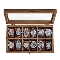 SONGMICS Watch Box, 12-Slot Watch Case, Solid Wood Watch Box Organizer with Glass Lid, Watch Display Case with Removable Pillows, Gift for Loved Ones, Rustic Walnut UJOW120K01