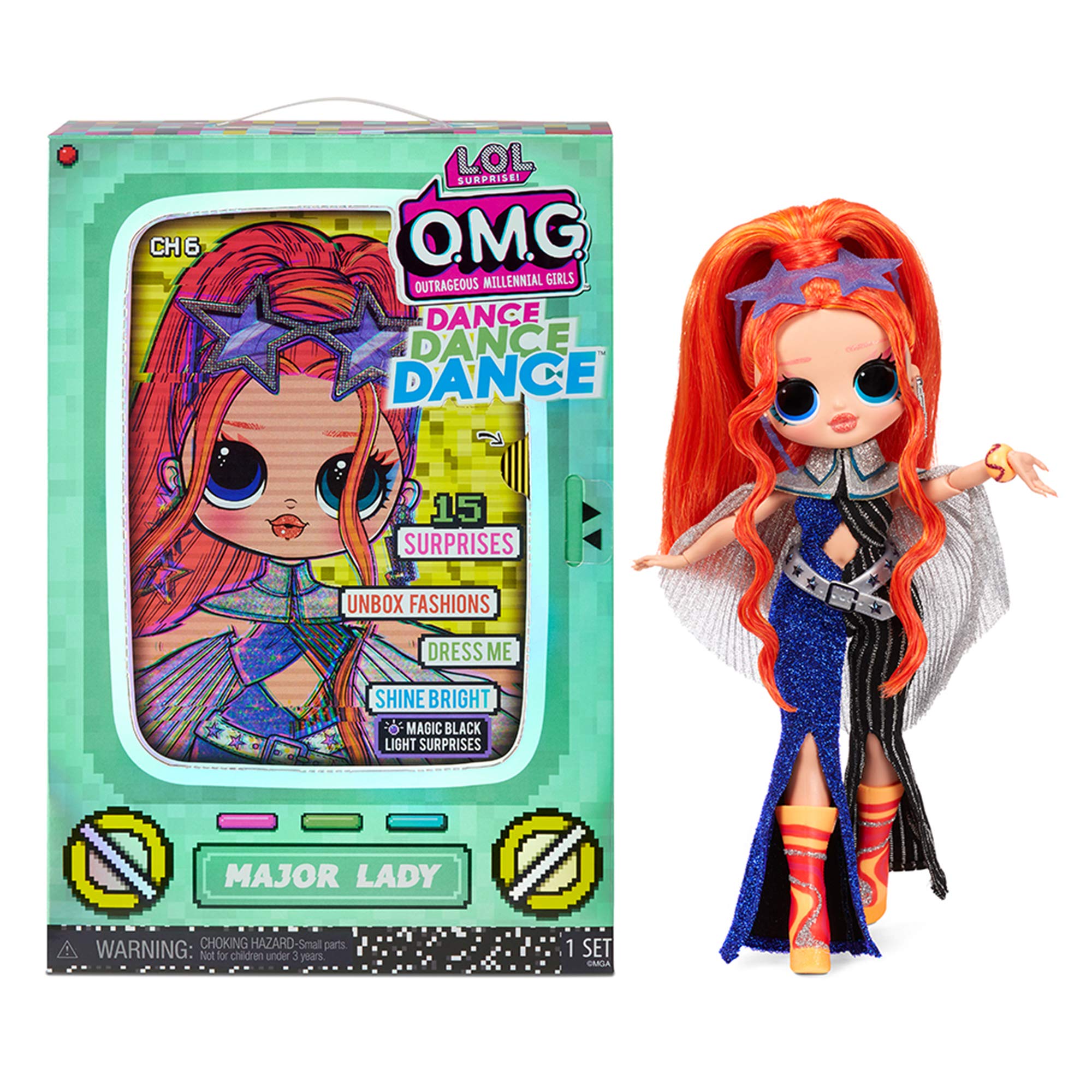 L.O.L. Surprise! OMG Dance Dance Dance Major Lady Fashion Doll with 15 Surprises Including Magic Black Light, Shoes, Hair Brush, Doll Stand and TV Package - A Great Gift for Girls Ages 4+