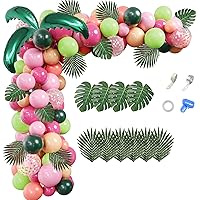 Amandir 155PCS Tropical Luau Balloons Arch Garland Kit, Hot Pink Rose Gold Green Confetti Latex Balloons with Palm Leaves for Tropical Hawaii Aloha Flamingo Party Decorations Birthday Wedding Supplies