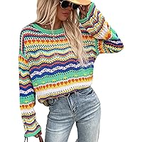 Womens Cute Elegant Soft Crewneck Long Sleeve Hollow Cable Stripe Knit Pullover Sweaters