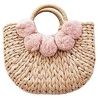 Boho Chic Straw Bag with Pom Poms Hand-Woven Sound Handle Purse Summer Beach Bag for Women