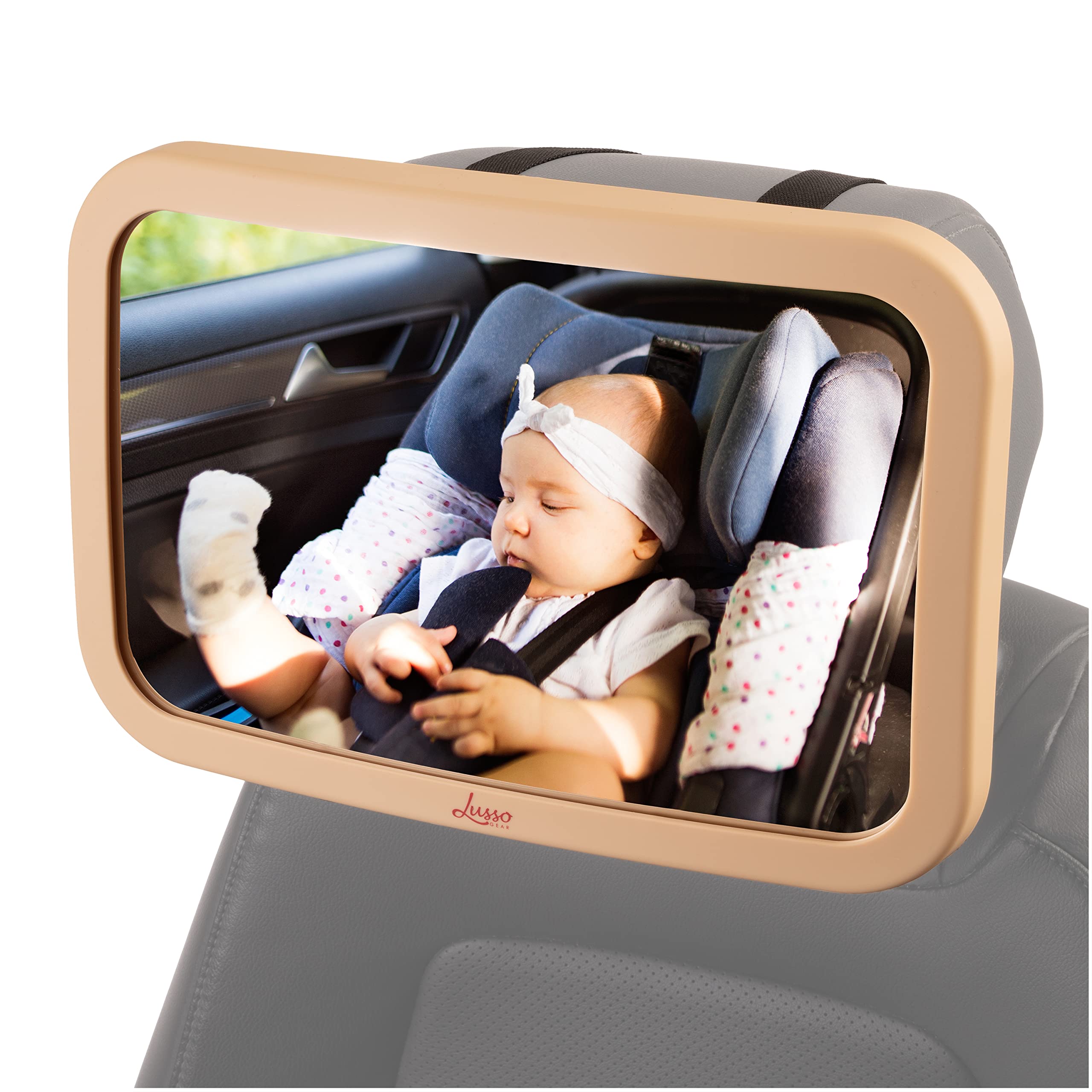 Lusso Gear Baby Backseat Mirror for Car. Largest and Most Stable Mirror with Premium Matte Finish, Crystal Clear View of Infant in Rear Facing Car Seat - Secure and Shatterproof (Tan)