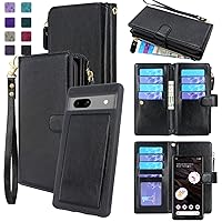 Lacass Compatible with Google Pixel 7A 5G 2023 Case [12 Card Slots] ID Credit Cash Holder Zipper Pocket Detachable Magnet Leather Wallet Cover with Wrist Strap Lanyard (Black)