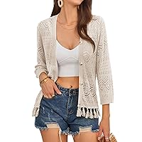 GRACE KARIN Women Fringed Cardigan 2024 Boho Hollowed Out Crochet Knit Shrug 3/4 Sleeve V-Neck Cardigan Top with Button