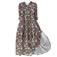 Women 3/4 Sleeve Boho Floral Beach Dresses Summer Lace-Up Henley Shirt Dress Casual Loose Fit Lapel A-Line Dresses
