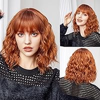 Short Bob Wig Ombre Orange Wig Short Curly Wavy Wig With Bangs for Women Dark Orange Wig Heat Resistant Synthetic Hair Wigs for Daily Use Cosplay Wig With Wig Cap