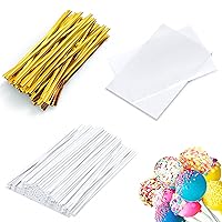 6 Inch Cake Pop Sticks Pack of 300 – Sturdy Lollipop Sticks with Clear Treat Bags & Gold Twist Ties (100 Pcs Each) for Lollipops, Candies, Chocolates & Cookies – Perfect for Parties